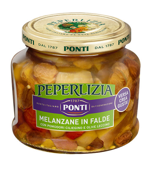 ponti-peperlizia-melanzane-in-falde-con-pomodorini-e-olive-leccino-antipasti image 1
