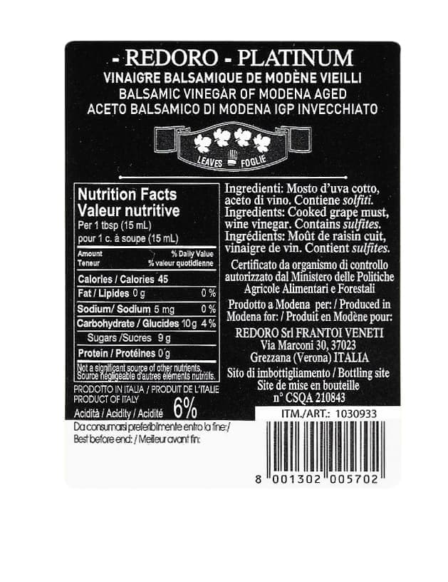 redoro-aceto-balsamico-platinum-500-ml-lot-de-6-balsamiques-de-mod-ne image 2